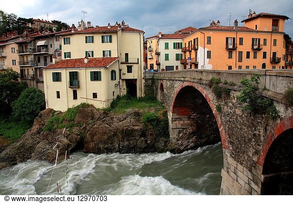 Vecchio bridge over the Dora Baltea river. Roman bridge. Ivrea. Italy.
