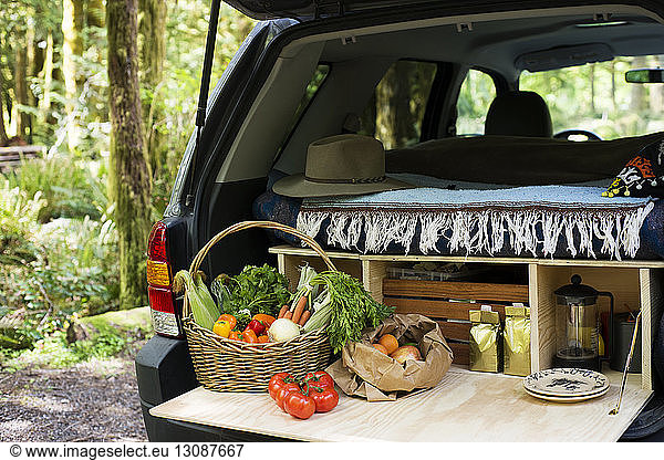 Vegetables in basket at car trunk of SUV