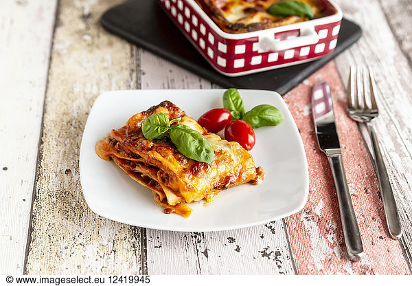 Vegetarian lasagne bolognese with basil and tomato