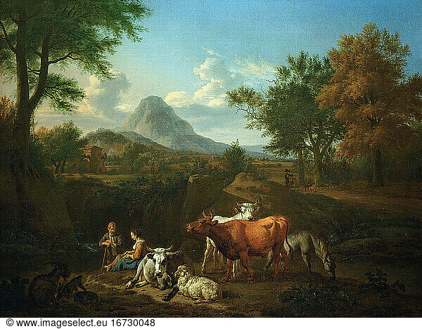Velde  Adriaen van de 1636–1672.
“Shepherds   1663.
Oil on canvas  48.5 × 62.5cm. Inv. No. 1978.56
Madrid  Thyssen-Bornemisza Museum.