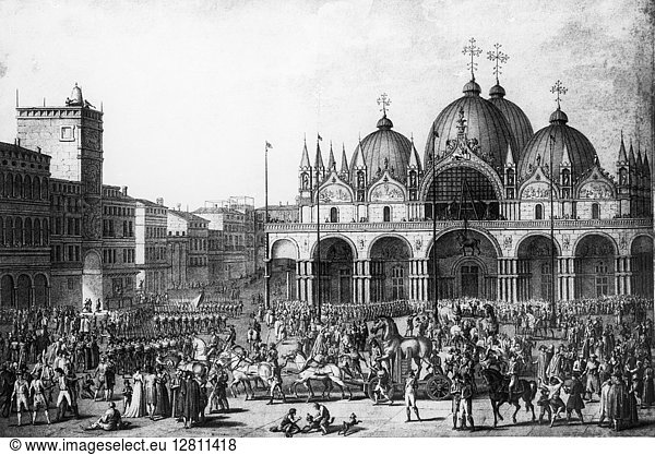 VENICE: SAINT MARKS  1797. Napoleon I removing the Greek horses from Saint Mark's Basilica in Venice to bring back to Paris  1797. Line engraving.