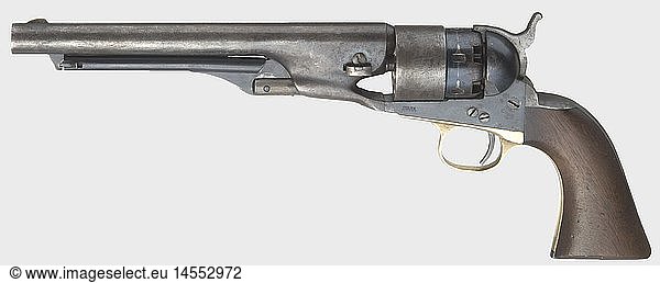 VEREINIGTE STAATEN VON AMERIKA  Colt Model 1860 Army  Kal..44  Rahmen-Nr. 13139  Ã¼brige Teile Nr. 131658  Trommel Nr. 042. Leicht rauer 8'-Lauf  auf der Oberseite Firmierung. SechsschÃ¼ssige Trommel mit schÃ¶n erhaltener Seeschlachtszene und Patentdaten  links am Rahmen 'Colt's Patent'. Nahe der Laufwurzel Abnahme 'D'  der GriffrÃ¼cken 'H' gestempelt. AbzugsbÃ¼gel aus Messing  Nussholzgriffschalen. Vorbereitet zur Aufnahme eines Anschlagschaftes. BrÃ¼nierung in groÃŸen Teilen noch erhalten  Griffschalen mit leichten Gebrauchsspuren. Bei der vorliegenden Waffe handelt es sich um eine sog. 're-issue'  d.h. der Revolver wurde im BÃ¼rgerkrieg gefÃ¼hrt und bei Colt selbst oder im Frankford Arsenal Ã¼berholt und anschlieÃŸend  ohne auf Nummerngleichheit zu achten  an die kÃ¤mpfende Truppe zurÃ¼ck gegeben. Erwerbsscheinpflichtig