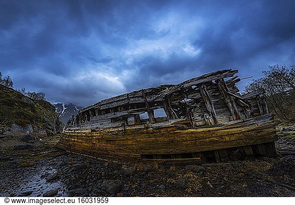 Verfallenes Schiffswrack am Ufer  nahe Svolvær  Lofoten  Norwegen  Europa
