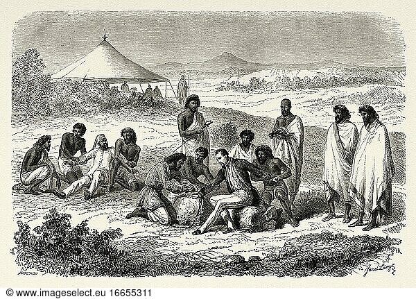 Verhaftung von Guillaume Lejan auf Befehl von Kaiser Theodore  Äthiopien. Alte XIX Jahrhundert gestochen von Reise in Abessinien Le Tour du Monde 1864.
