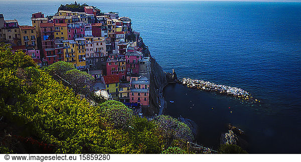 Vernazza  Cinque Terra from above with late afternoon light.