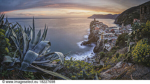 Vernazza town at sunset in panoramic view