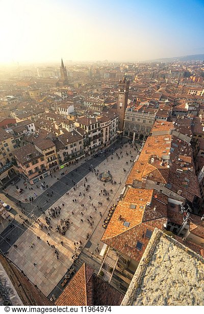 Verona  Veneto  Italy. The view of Piazza delle Erbe seen from the Tower of Lamberti.