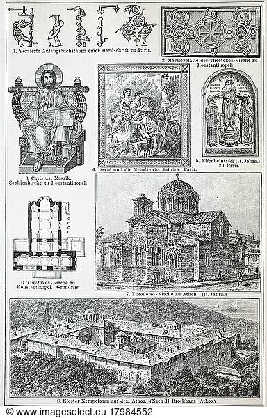 Verschiedene Bereiche der byzantinischen Kunst  Malerei und Architektur  Historisch  digital restaurierte Reproduktion einer Originalvorlage aus dem 19. Jahrhundert