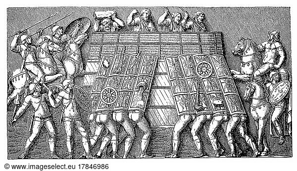Verteidigung einer germanischen Befestigung gegen einen Angriff der Römer  Relief auf der Siegessäule Marc Aurels  Rom  Italien. digitale verbesserte Reproduktion eines Holzschnitts aus dem Jahr 1885