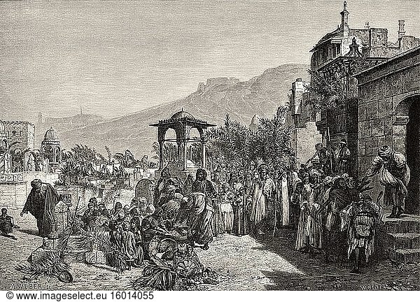 Verteilen von Dattelpalmenfrüchten unter Menschen auf einem Friedhof in Kairo  Altes Ägypten. Alte gestochene Illustration aus dem 19. Jahrhundert  El Mundo Ilustrado 1880.