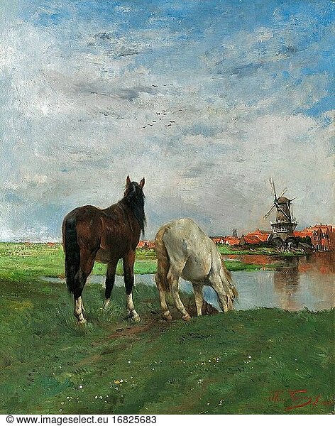 Verwee Alfred - Niederländische Landschaft mit zwei Pferden an einem Teich und einer Windmühle im Hintergrund - Belgische Schule - 19. Jahrhundert.