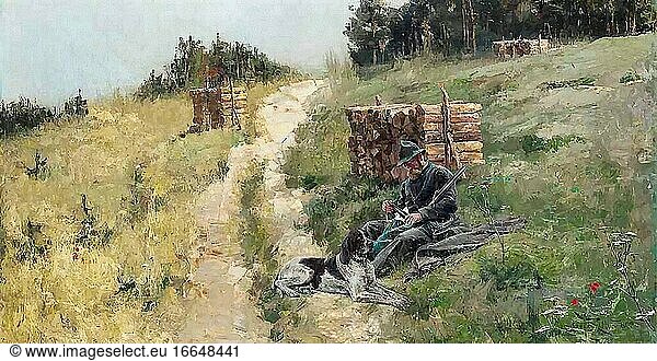 Vesin Jaroslav - a Hunter Taking Refreshment - Czech Republic and Slovakia School - 19th Century.