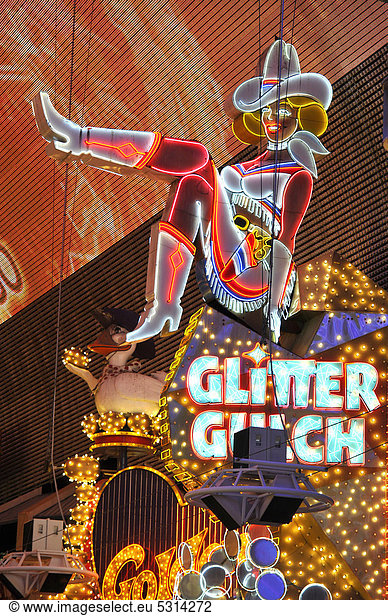 Vicky  famous cowgirl figure on a neon sign in old Las Vegas  Glitter Gulch Casino Hotel  Fremont Street Experience  downtown Las Vegas  Nevada  United States of America  USA  PublicGround