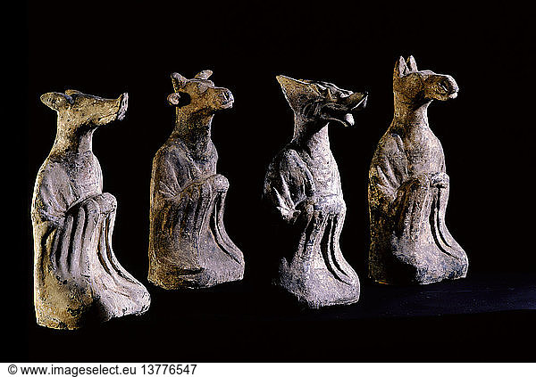 Vier der zwölf Tierkreiszeichen des chinesischen Tierkreises  China. Chinesisch. Tang-Dynastie  AD 618 906.