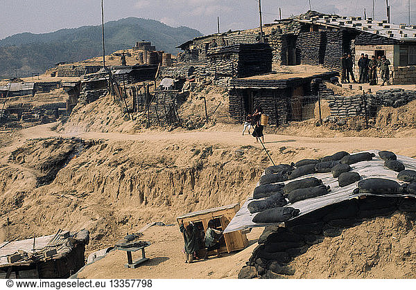 VIETNAM Central Highlands Dak Pek Vietnam War. Dak Pek United States and Montagnard Special Forces defensive outpost behind Viet Cong lines and Ho Chi Minh trail in the Central Highlands of South Vietnam