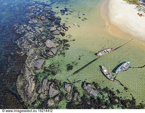 Vietnam  Phu Quo island  Ong Lang beach  Boats moored on coast  aerial view