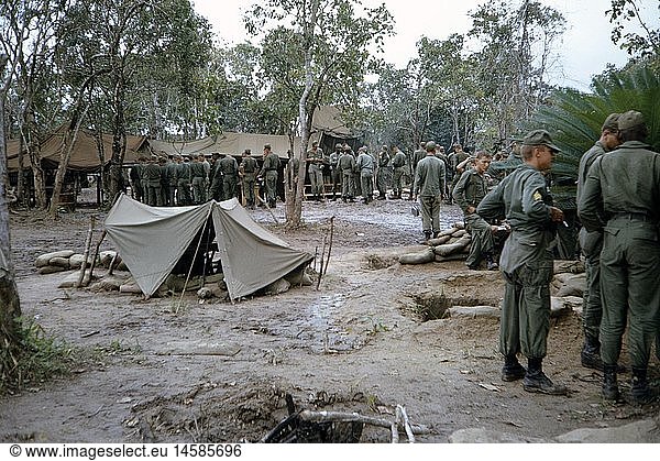 Vietnam War 1957 - 1975  American bivouac  South Vietnam  1965  camp  camps  tent  tents  soldiers  soldier  military  Armed Forces  USA  United States of America  army  armies  South-East Asia  South East Asia  Southeast Asia  Far East  Viet Nam conflict  Viet Nam  Vietnam  war  wars  conflict  conflicts  1960s  60s  20th century  people  group  groups  men  man  historic  historical