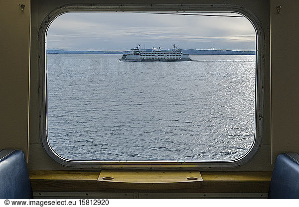 View across water from a ferry boat window  a ferry in Puget Sound