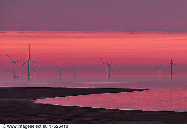 View at sunset of offshore wind farm at New Brighton  Cheshire  England  United Kingdom  Europe