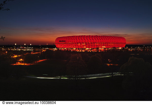 View at the illuminated Allianz Arena  Munich  Bavaria  Germany
