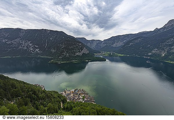 View from above of Hallstatt with church and Hallstätter See  Salzkammergut  cultural landscape Hallstatt-Dachstein Salzkammergut  Upper Austria  Austria  Europe