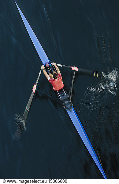 View from above of single scull crew racer  Lake Union  Seattle  Washington  USA.