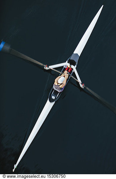 View from above of single scull crew racer  Lake Union  Seattle  Washington  USA.