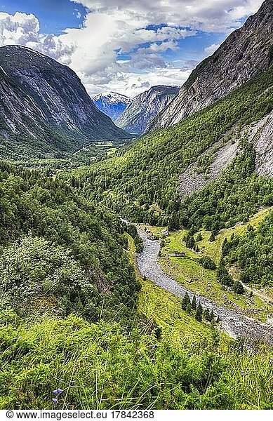 View from above of the forested valley Eikesdalen  high mountains and the river Aura  Norwegian mountain road  impressive landscape route Aursjøvegen  Aursjovegen  Eikesdal  Eikesdalen  Molde  Møre og Romsdal  Vestland  Norway  Europe