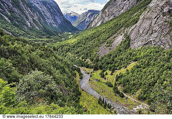 View from above of the forested valley Eikesdalen  high mountains and the river Aura  Norwegian mountain road  impressive landscape route Aursjøvegen  Aursjovegen  Eikesdal  Eikesdalen  Molde  Møre og Romsdal  Vestland  Norway  Europe