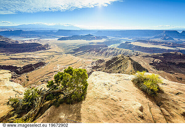 View from above of the messas and rock formations of Canyonlands National Park  and view to Horseshoe Bend and the Colorado River.