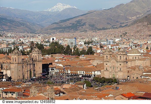 View from above to the Cathedral of Cusco  Iglesia De La Compania De Jesus-La Compania De Jesus Church at Plaza de Armas Square and to the buildings in the city center  Cusco  Peru  South America