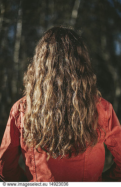 View from behind of teenage girl with long  wavy  brown hair