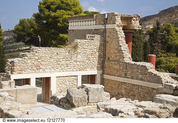 View from behind of the North pillar hall  Knossos palace archaeological site  Crete island  Greece  Europe.
