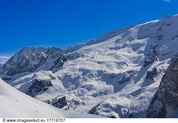View from Belvedere ski area peak towards Marmolada mountain  Fassa Valley  The Dolomites in Northern Italy; Trentino-Alto Adige  Trentino  Italy