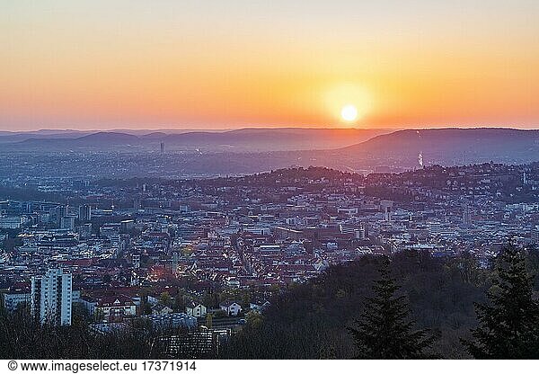 View from Birkenkopf over Stuttgart at sunrise  Monte Scherbelino  Stuttgart-West  Stuttgart  Baden-Württemberg  Germany  Europe