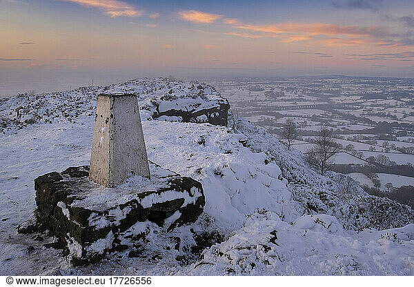 View from Bosley Cloud Trig Point and the Cheshire Plain in winter  near Bosley  Cheshire  England  United Kingdom  Europe