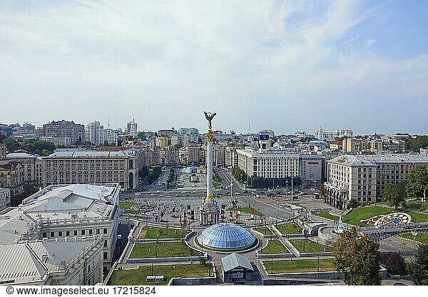 View from Hotel Ukrajina over the Independence Square Majdan Nesaleshnosti with National Academy of Music  Independence Monument  Dome Shopping Mall Globus  House of Trade Unions  Kiev  Ukraine  Europe
