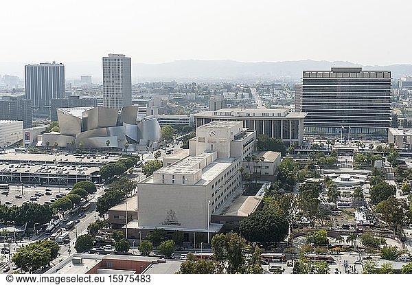 View from Los Angeles City Hall of the Walt Disney Concert Hall (left)  Los Angeles County Superior Court (center) and the House of the Department of Water and Power (right)  Downtown Los Angeles  Los Angeles  California  USA  North America