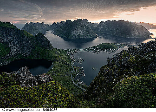 View from peak of Reinebringen above the Reine village of summer ...