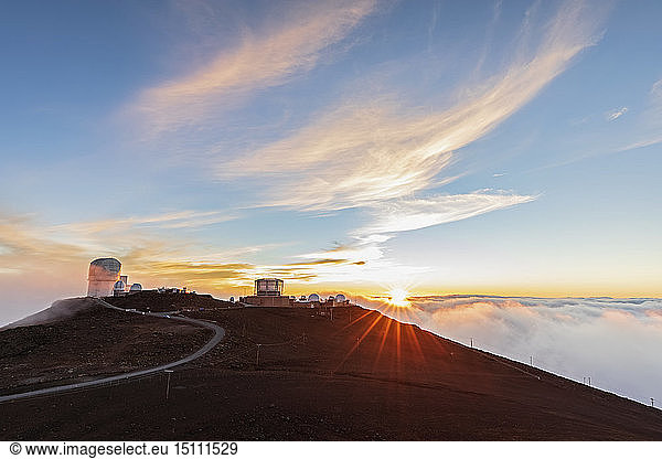 View from Red Hill summit to Haleakala Observatory at sunset  Maui  Hawaii  USA