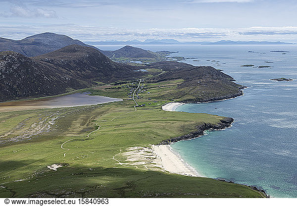 view from summit of Ceapabhal over sandy beaches of South Harris  Isle of Harris  Outer Hebrides  Scotland