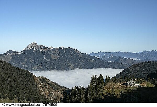 View from Taubensteinhaus of mountains above cloud cover  Mangfall Mountains  Bavaria  Germany  Europe