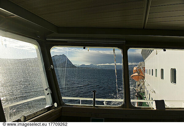 View From The Bridge Of The Hurtigrunta Cruise Ship Ms Nordlys In Wintertime After Crossing The Arctic Circle; Norway