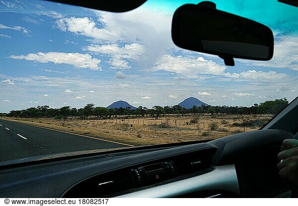 View from the car  road B1  north of Windhoek  Republic of Namibia