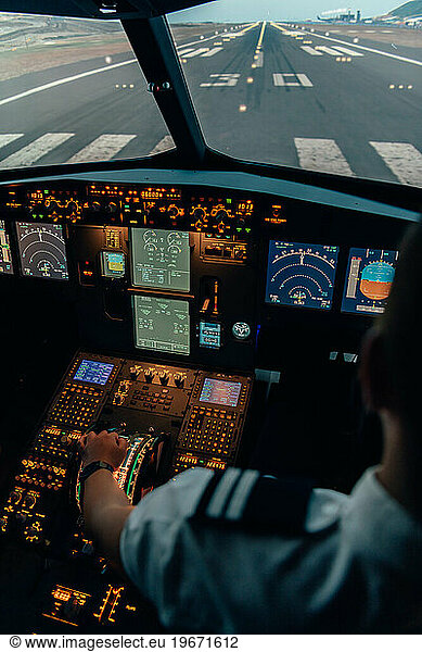 View from the cockpit of a commercial airplane simulator