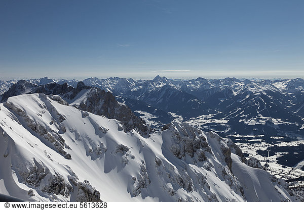 View from the Dachstein Massif over the winter landscape of the Ennstal valley  Styria  Austria  Europe