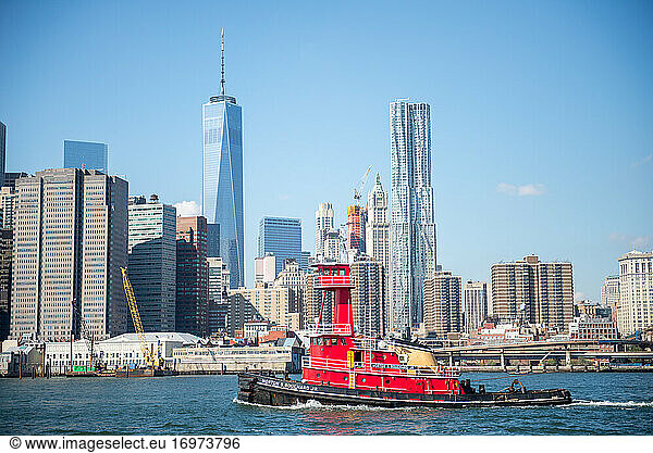 View from the Hudson River of modern Manhattan buildings  NYC  USA