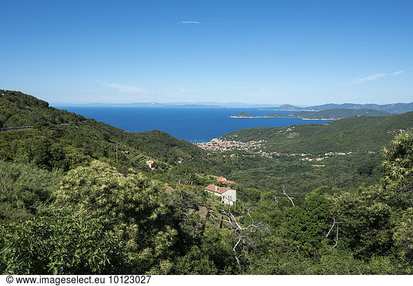 View from the mountain village of Poggio to the island of Elba  Province of Livorno  Tuscany  Italy  Europe