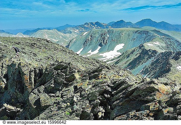 View from the summit of Peak Carlit (2912 mts.). The Catalan Pyrenees Regional Natural Park in the French Pyrenees. Angoustrine-Villeneuve-des-Escaldes town  Pyr?n?es-Orientales department  France