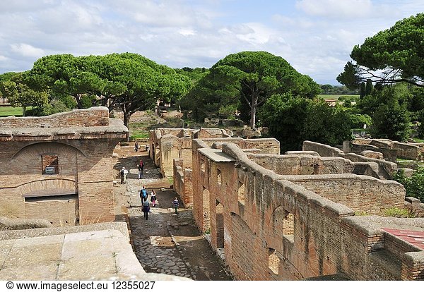 View from the terrace of the House of Diana to an old residential district of Ostia Antica. At the mouth of the River Tiber,  Ostia was Rome's seaport two thousand years ago. Italy.